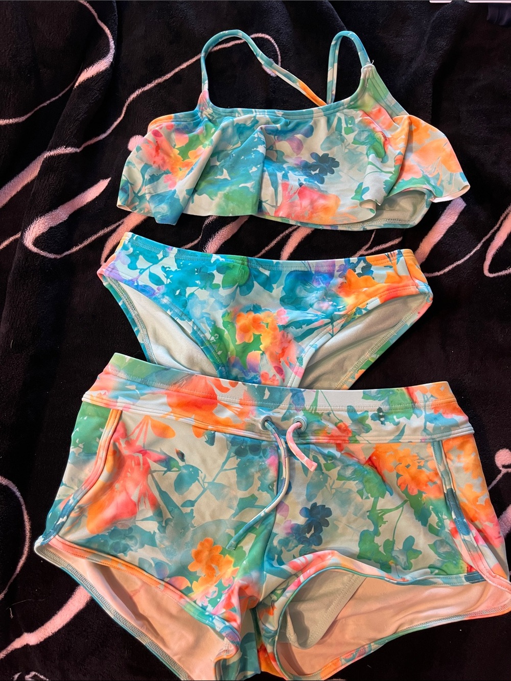 Athleta Girls Floral Aqua Blue Orange Pink Bikini Set with Swim Shorts